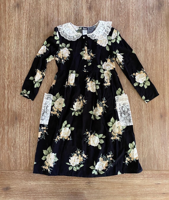 Vintage 1990s Girls’ Black Floral Print Lace Coll… - image 1