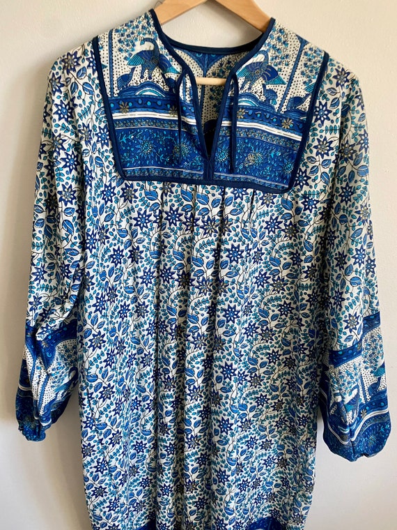 Vintage 70s Indian Cotton Block Print Peasant Dress Bohemian
