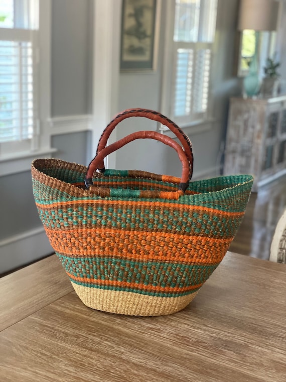 Handmade Woven Striped Tote Bag Large Market Bask… - image 1