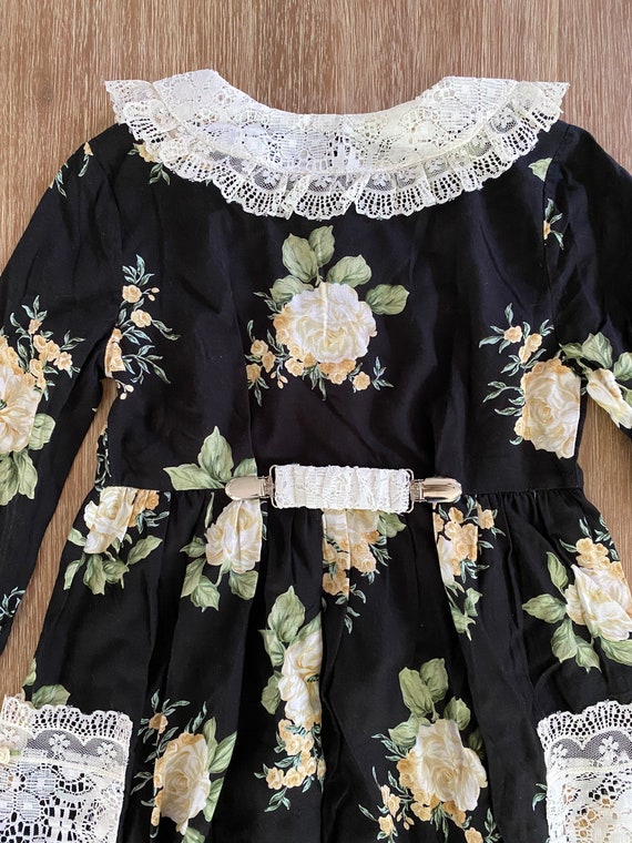 Vintage 1990s Girls’ Black Floral Print Lace Coll… - image 9