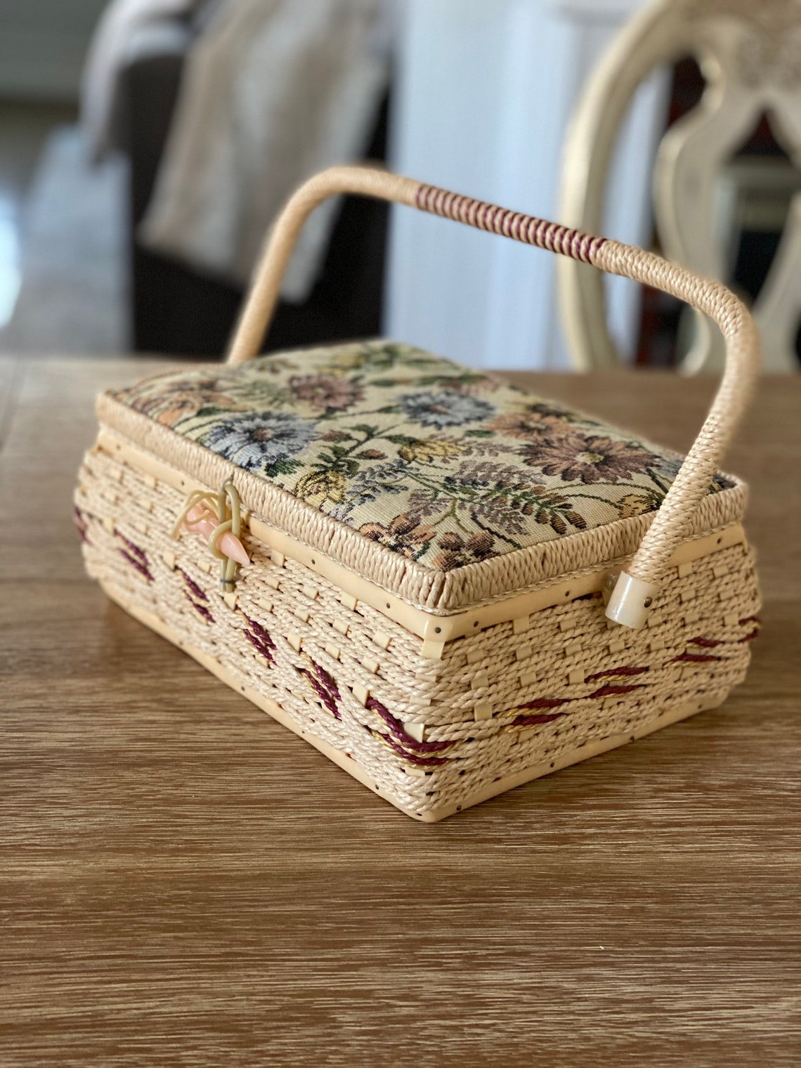 Vintage 1960s Azar Woven Wicker Sewing Basket Embroidered Etsy