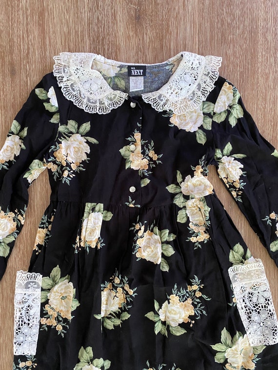 Vintage 1990s Girls’ Black Floral Print Lace Coll… - image 3