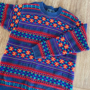 Vintage 90s Lizwear Women’s Colorful Patterned Cotton Crewneck Sweater