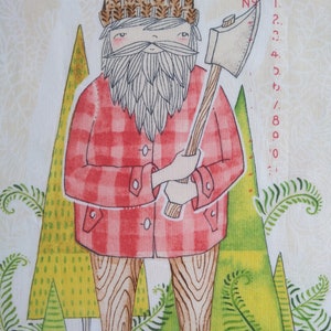 May include: A cartoon illustration of a lumberjack wearing a red and black plaid shirt, a brown knit hat, and brown boots. He is holding an axe and standing in front of two green trees with yellow accents.