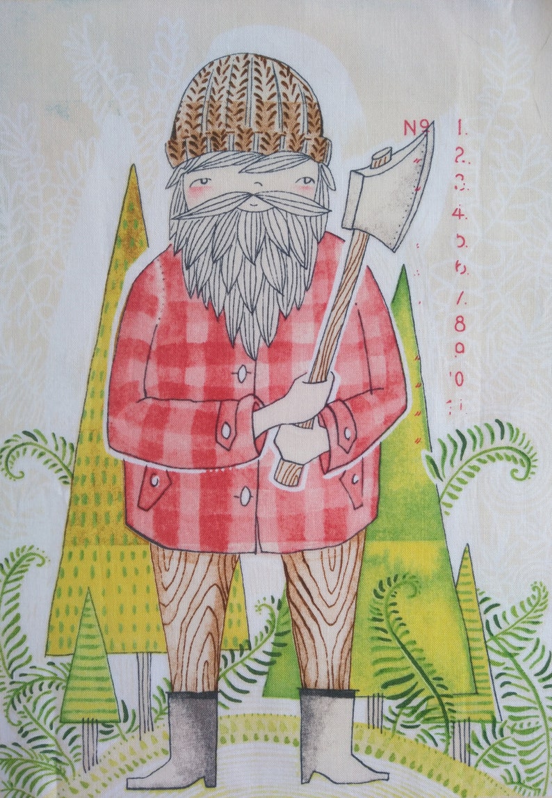 May include: A cartoon illustration of a lumberjack wearing a red and black plaid shirt, a brown knit hat, and brown boots. He is holding an axe and standing in front of two green trees with yellow accents.