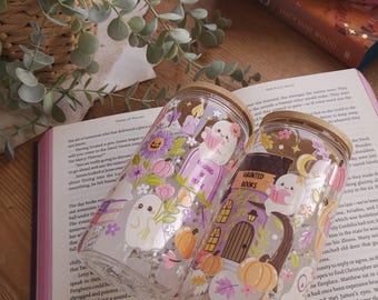 Haunted Reads & Cozy Sips | Cute Ghost Glass Can Cups for Book Lovers | Bookish merch gift | Cozy Reader | Coffe and Tea Lovers