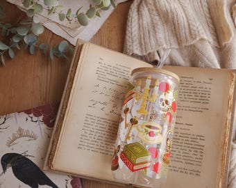 Dark Academia Glass Mug with Lid & Straw | Bookish Accessories| Bookish merch gift | Cozy Reader | Coffe and Tea Lovers