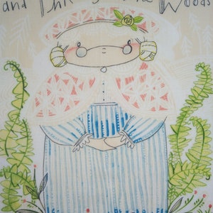May include: A watercolor illustration of a woman wearing a white and pink patterned dress with blue stripes. She is standing in a field of green ferns and red flowers. The text "Over the River and Through the Woods" is written at the top of the image.