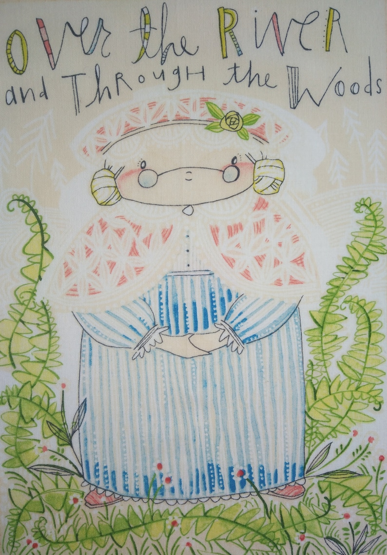 May include: A watercolor illustration of a woman wearing a white and pink patterned dress with blue stripes. She is standing in a field of green ferns and red flowers. The text "Over the River and Through the Woods" is written at the top of the image.