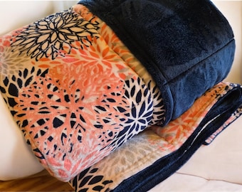 Coral Floral Weighted Blanket: Minky Cuddle, Glass Beads, Anxiety Relief