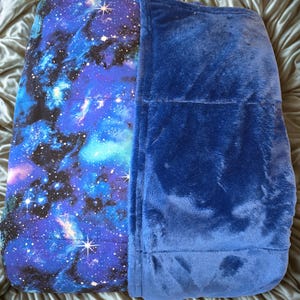 May include: A rectangular blanket featuring a dual-sided design. One side displays a vibrant galaxy print with deep blue, purple, and black hues accented by white starbursts. The reverse side is a solid, plush, deep navy blue fabric texture.