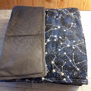 May include: A folded rectangular blanket featuring a dark blue fabric side with a white celestial constellation and star pattern, and a solid charcoal gray plush fabric side. The blanket has visible stitched seams and a soft, textured appearance.