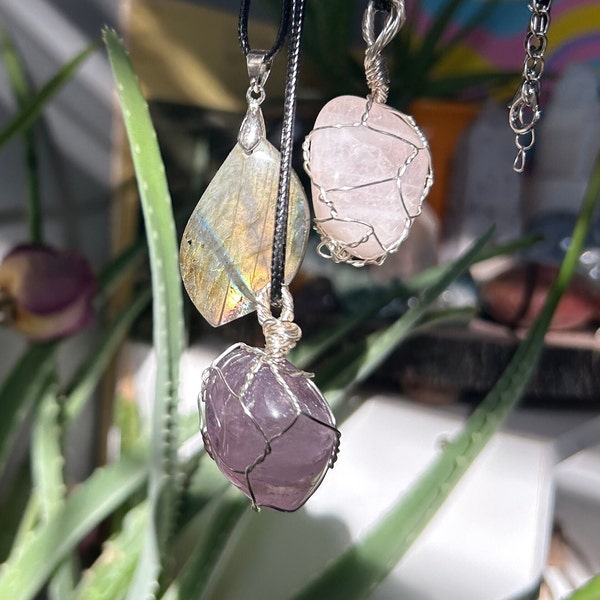 Wire Wrapped Crystal Necklaces | Wire Wrapped Pendants | Wire Wrapped Jewelry | Amethyst Necklace | Quartz Necklace | Labradorite | Flourite