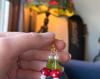 Red Mushroom Leaf and Pearl Dangle Earrings | Whimsical Mushroom Earrings | Handmade Jewelry | Nature Jewelry | Mushroom Dangle Earrings