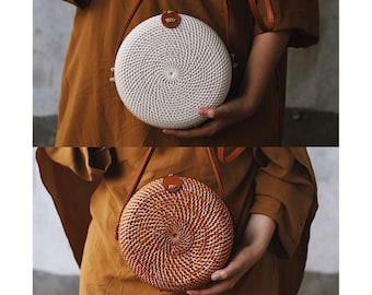 SALE Bali New Round Rattan Bag, Handwoven Ata Grass Straw Bag, Boho Bohemian Bag, Women Handmade Woven Straw Bag (White and Brown, 20 cm)