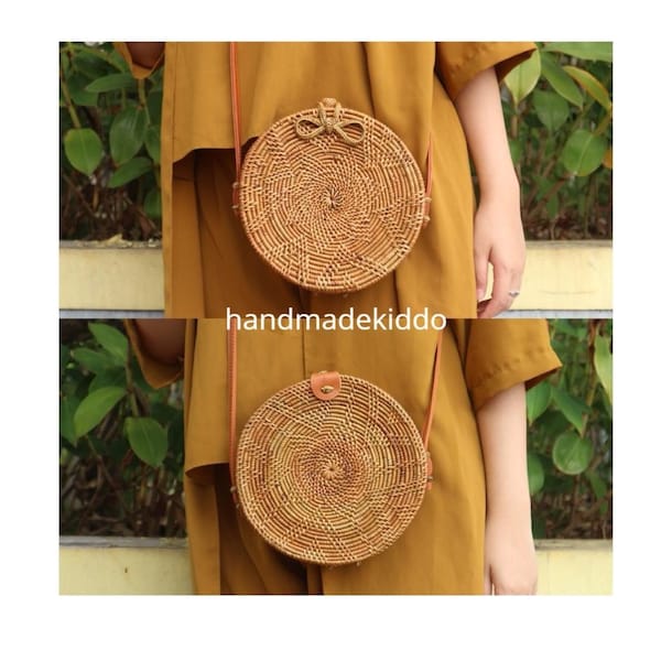 SALE Bali Lotus Round Rattan Bag, Handwoven Ata Grass Straw Bag, Boho Bohemian Bag, Summer, Autumn & Holiday Woven Straw Bag (Natural Brown)