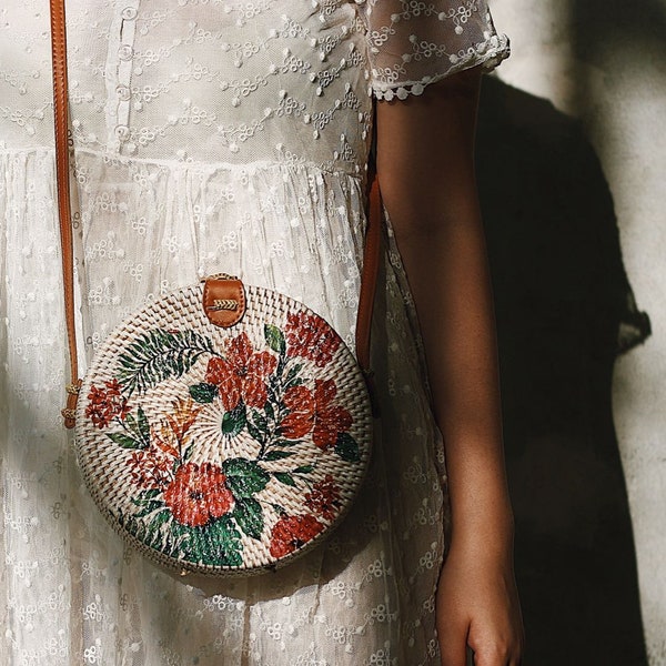 SALE Bali Round Rattan Bag, Flower Summer Autumn Crossbody Bag, Boho Bohemian Bag, Handmade Woven Straw Bag (Flower Decoupage)