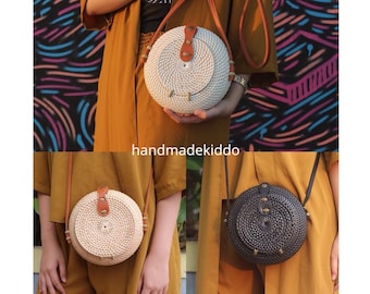 SALE Bali Round Rattan Bag, Summer Round Crossbody Bag, Boho Style, Bohemian Bag, Women Handmade Woven Straw Bag, Straw Bag (White & Black)