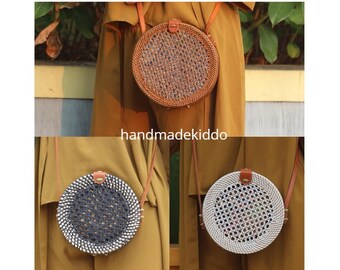 SALE Bali Double Net Round Rattan Bag, Handwoven Ata Grass Straw Bag, Boho Bohemian Bag, Women Handmade Woven Straw Bag (Color and Natural)