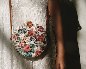 SALE Bali Round Rattan Bag, Flower Summer Autumn Crossbody Bag, Boho Bohemian Bag, Handmade Woven Straw Bag (Flower Decoupage)