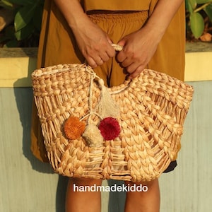 SALE Water Hyacinth Bag With Free Pompom, Handwoven Straw Bag, Boho Bohemian Bag, Women Handmade Woven Straw Bag, Rattan Bag (Large)