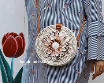 SALE Bali Pinkish White Shell Rattan Bag, Ata Grass Crossbody Bag, Boho Bohemian Bag, Summer & Autumn Woven Straw Bag, Women Bag, Gift Idea