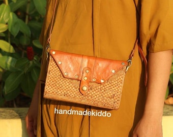 SALE Bali Leather Rectangle Rattan Bag, Ata Grass Crossbody Straw Bag, Boho Bohemian Bag, Summer & Autumn Woven Straw Bag, Women Bag
