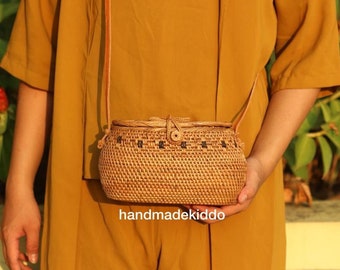 SALE Bali Pumpkin Rattan Bag, Ata Grass Crossbody Straw Bag, Boho Bohemian Bag, Summer & Autumn Woven Straw Bag, Women Bag, Gift Ideas