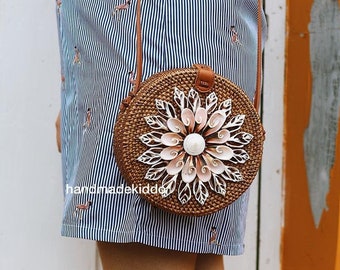 SALE Bali Pinkish Brown Shell Rattan Bag, Ata Grass Crossbody Bag, Boho Bohemian Bag, Summer & Autumn Woven Straw Bag, Women Bag, Gift Idea
