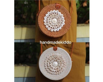 SALE Bali Shell Round Rattan Bag, Handwoven Ata Grass Straw Bag, Boho Bohemian Bag, Summer & Autumn Woven Straw Bag, Holiday Bag