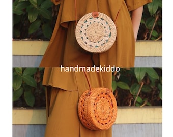 SALE Bali Double Braid Round Rattan Bag, Handwoven Ata Grass Straw Bag, Boho Bohemian Bag, Summer & Autumn Woven Straw Bag (Brown and White)