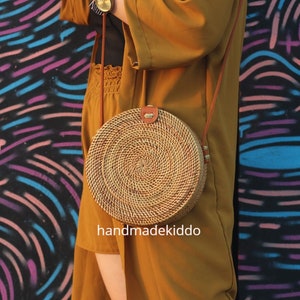 SALE Bali Round Rattan Bag, Handwoven Ata Grass Straw Bag, Boho Bohemian Bag, Summer & Autumn Woven Straw Bag (Natural Brown)