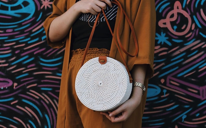 SALE Bali Round Rattan Bag, Summer Crossbody Straw Bag, Boho Bohemian Bag, Women Handmade Woven Straw Bag (Small and Large White Color) 