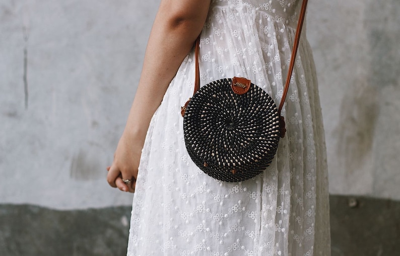 SALE Bali Round Rattan Bag Summer Crossbody Straw Bag Women Handmade Woven Straw Bag Boho Bohemian Bag Black, Small Diameter 15 cm