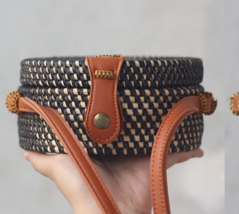 SALE Bali Round Rattan Bag Summer Crossbody Straw Bag Women Handmade Woven Straw Bag Boho Bohemian Bag Black, Small Diameter 15 cm