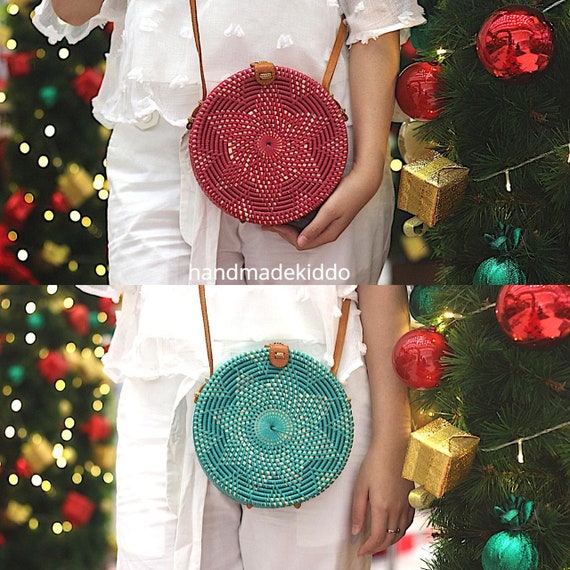 HOLIDAY EDITION Bali Lotus Rattan Bag, Round Crossbody Bag, Boho, Bohemian,  Rattan Bag, Women Handmade Woven Straw Bag, Straw Bag, Christmas