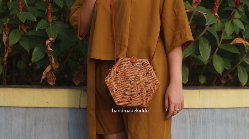 SALE Bali Hexagon Rattan Bag, Handwoven Ata Grass Straw Bag, Boho Bohemian Bag, Women Handmade Woven Straw Bag (Natural Brown) 