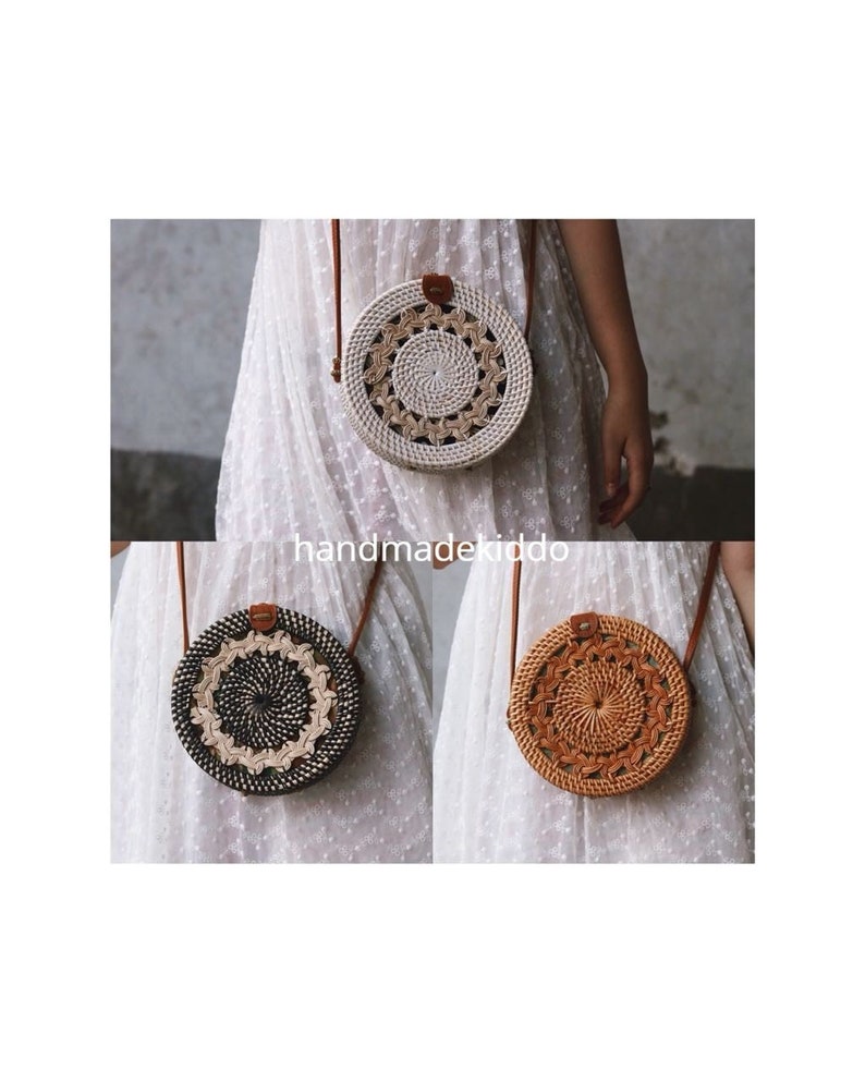 May include: Three round woven rattan bags with leather straps. The bags are white, black and brown.
