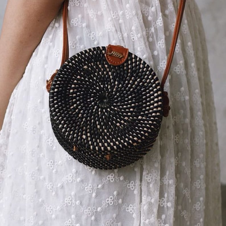 SALE Bali Round Rattan Bag Summer Crossbody Straw Bag Women Handmade Woven Straw Bag Boho Bohemian Bag Black, Small Diameter 15 cm
