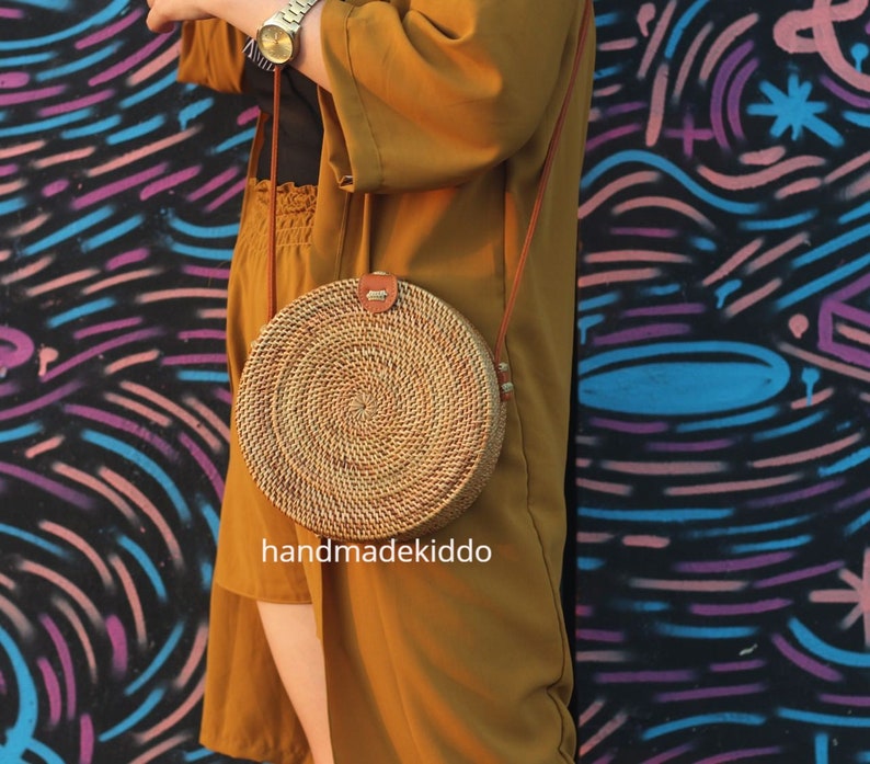 SALE Bali Round Rattan Bag, Handwoven Ata Grass Straw Bag, Boho Bohemian Bag, Summer & Autumn Woven Straw Bag (Natural Brown) 