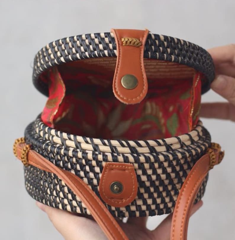 SALE Bali Round Rattan Bag Summer Crossbody Straw Bag Women Handmade Woven Straw Bag Boho Bohemian Bag Black, Small Diameter 15 cm