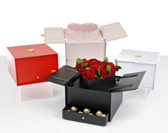 Luxury Square Flower Box: Heart Insert & Surprise Drawer