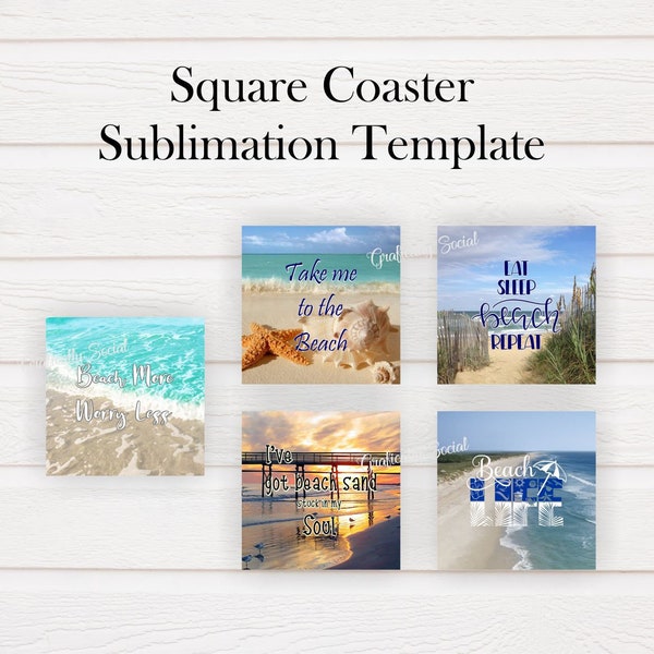 Beach Designs, Beach Bundle 1, Square Sandstone Coaster, PNG, Instant Download, Sublimation Template