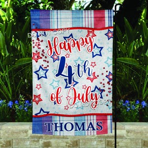 Buon 4 luglio, fenicottero patriottico, bandiera da giardino personalizzata, modello per sublimazione