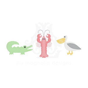 May include: A green alligator, a red lobster, and a white pelican with a yellow beak. The animals are cartoon-style illustrations.