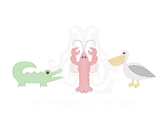 Alligator crawfish pelican quick stitch embroidery design, Louisiana embroidery design, vintage stitch, bean stitch, instant download