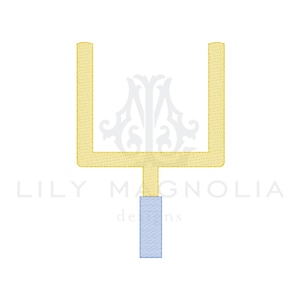 May include: A yellow football goal post with a blue crossbar. The goal post is a digital embroidery design.
