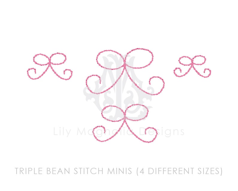 Triple bean mini bow design, mini bow embroidery design, bow bean stitch, mini bow quick stitch triple bean embroidery design image 1