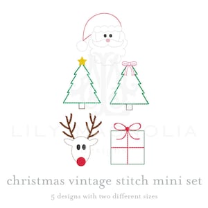 May include: A set of five vintage Christmas embroidery designs. The designs include a Santa Claus head, two Christmas trees, a reindeer head, and a gift box. The designs are in a minimalist style with simple lines and colors.