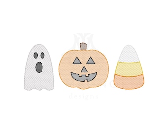 Diseño de bordado de punto rápido de trío de fantasma, calabaza de Halloween y caramelo de maíz, punto rápido de relleno de luz de Halloween, punto rápido de Halloween, 5x7